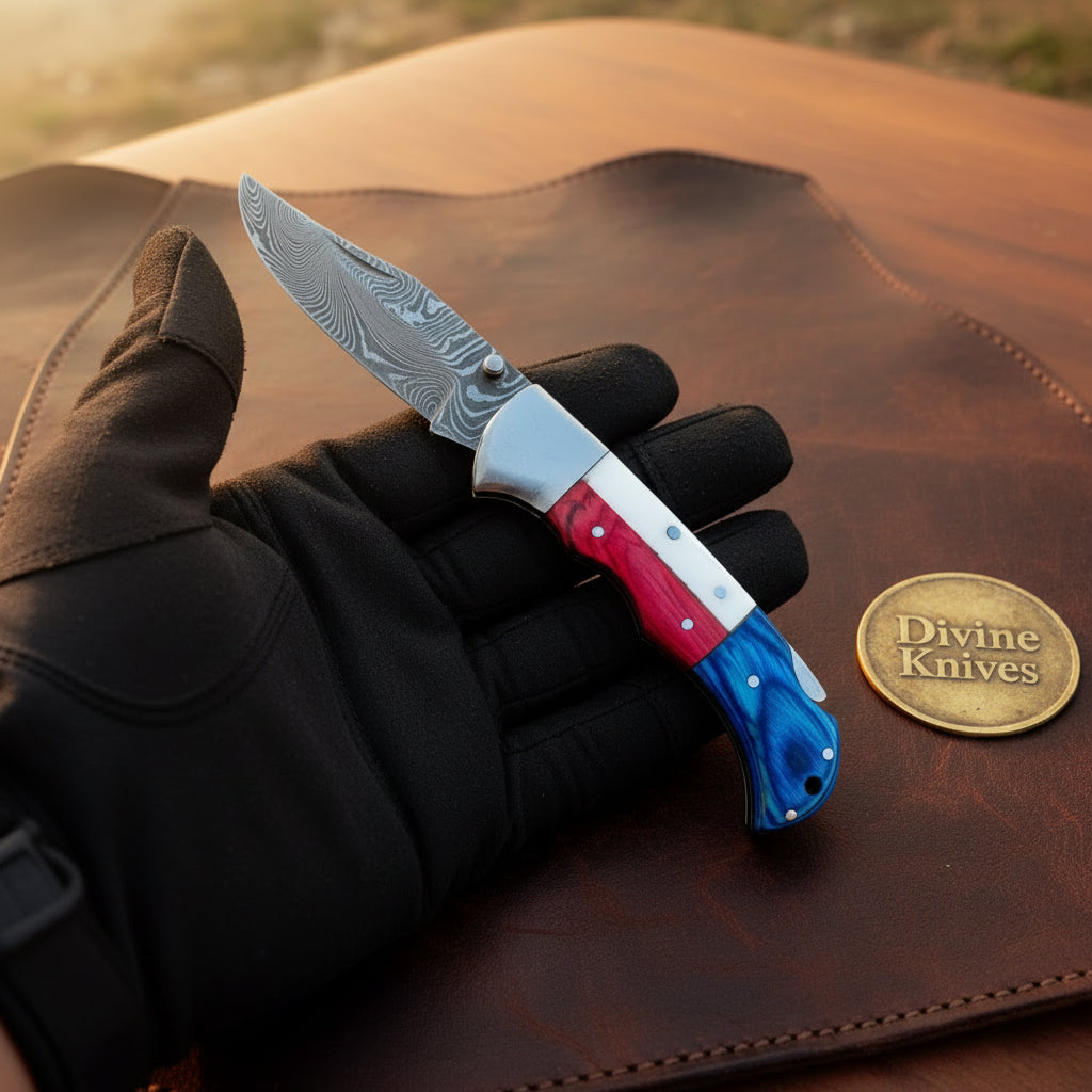 Americana Folding Pocket Knife with Patterned Steel Blade