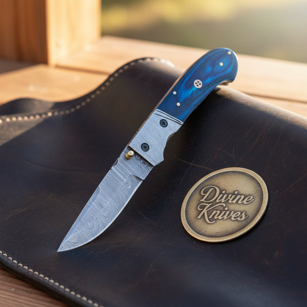 Blue Resin Handle Folding Pocket Knife with Patterned Steel Blade