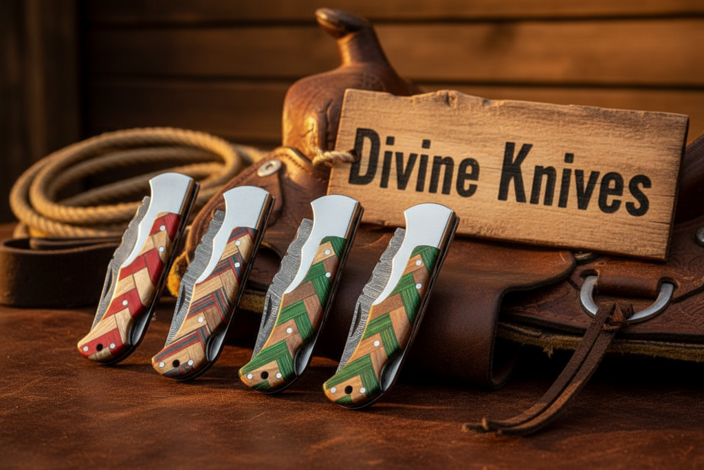5-Piece Chevron Inlay Folding Knife Set with Wood Mosaic Handles