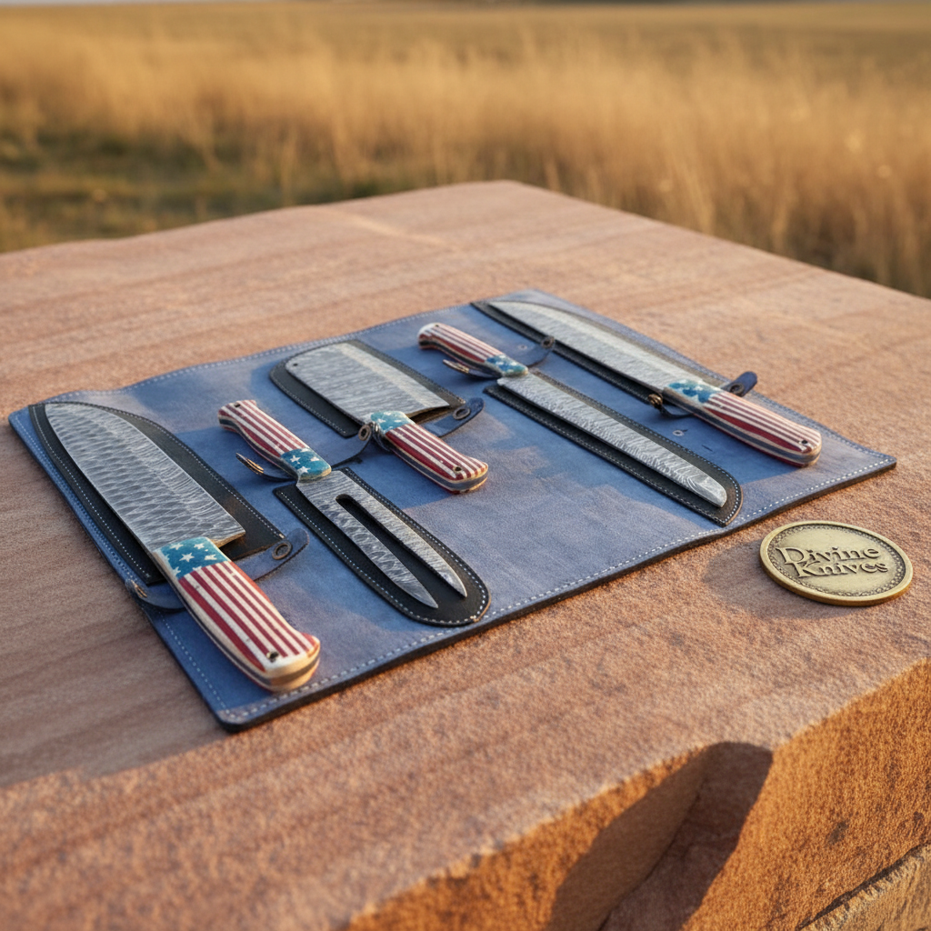 5-Piece Patriotic Chef Knife Set with Leather Roll Case