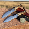 Stag Handle Hunting Knife Pair with Brass Guards and Leather Sheaths