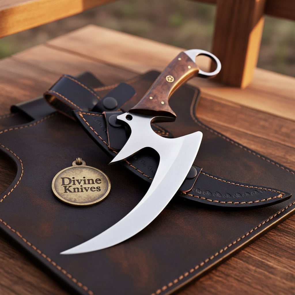Hooked Ring Handle Skinner Knife with Wood Handle and Sheath
