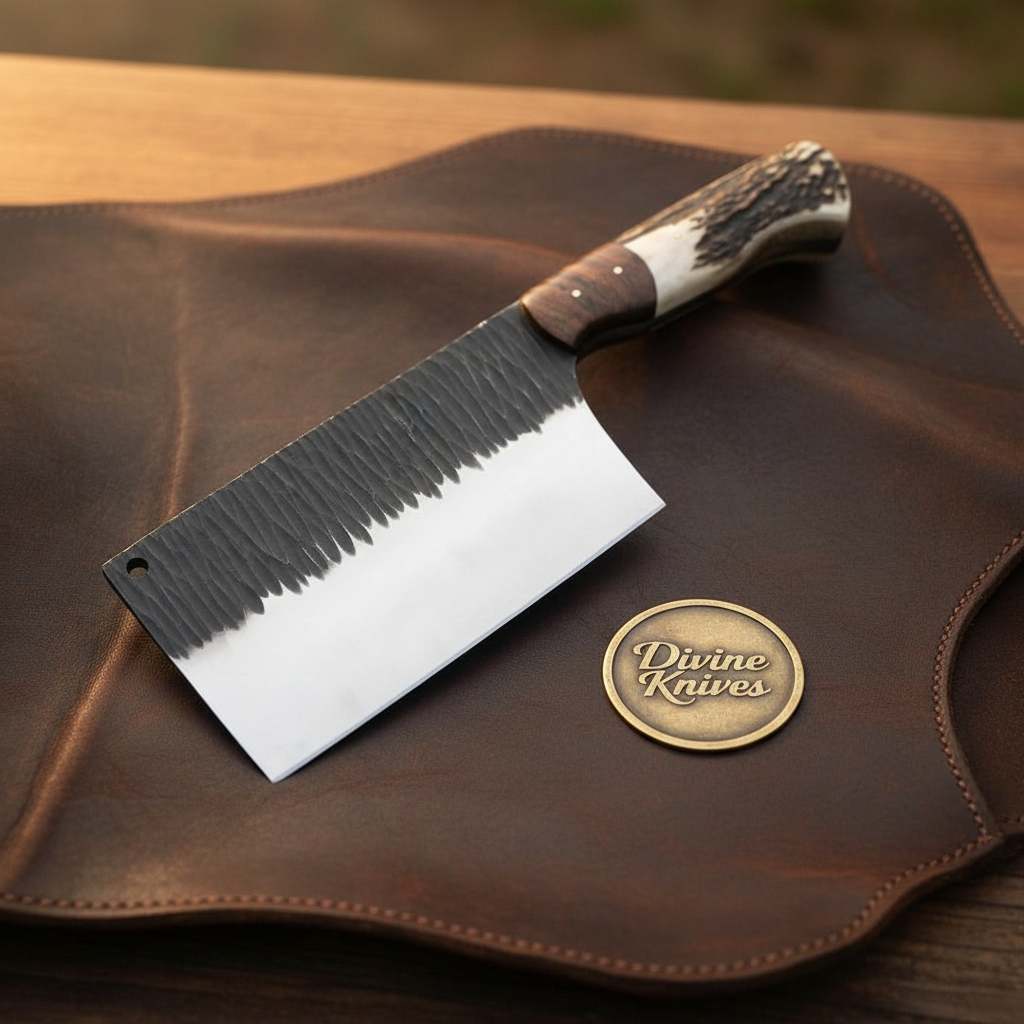 Stag Handle Meat Cleaver with Hammered Blade and Skull Artwork