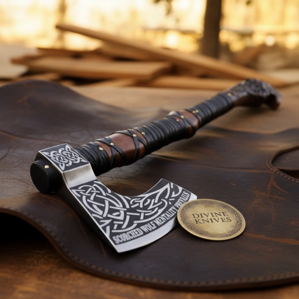 Wolf Head Viking Axe with Celtic Knot Engraved Blade