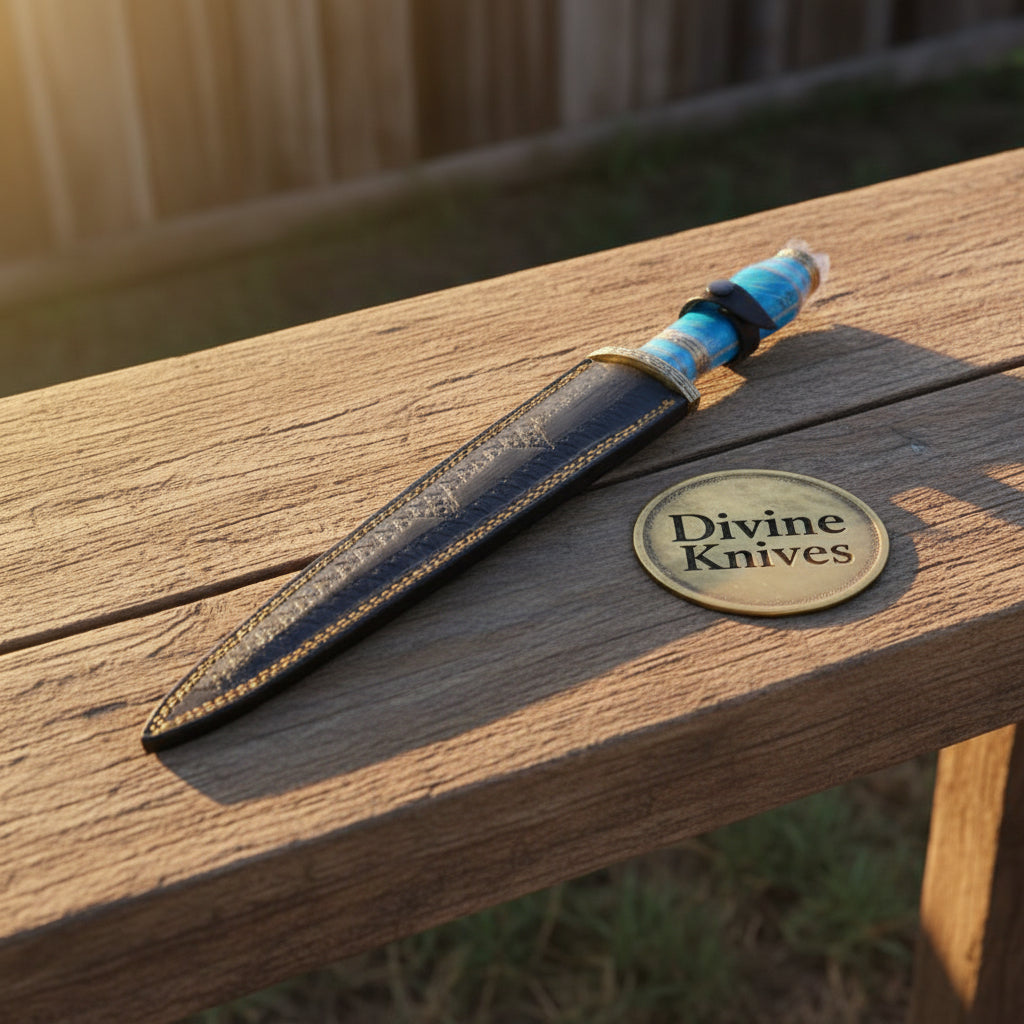 Turquoise Handle Damascus Dagger Set with Brass Bolsters