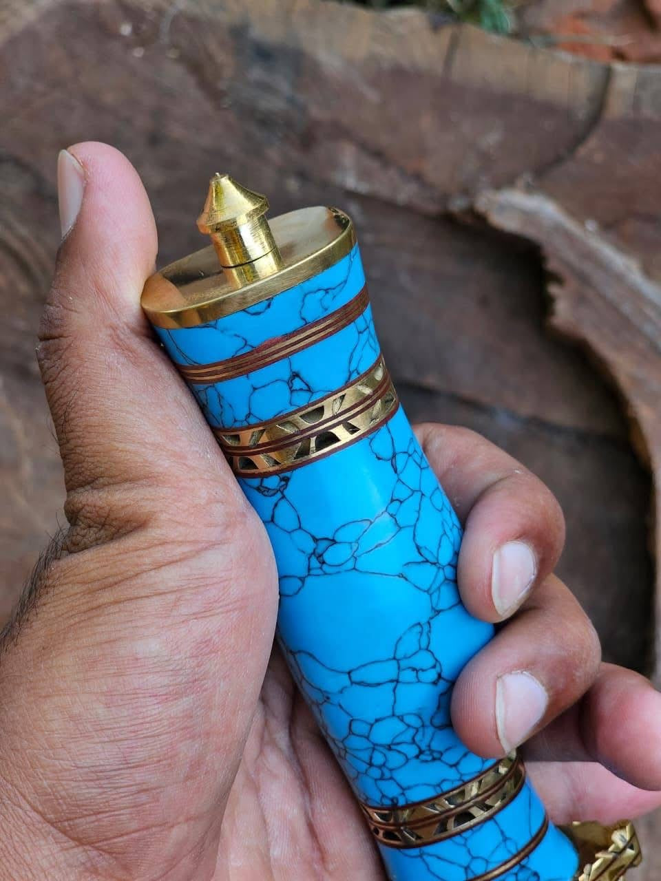 Turquoise Handle Damascus Dagger Set with Brass Bolsters