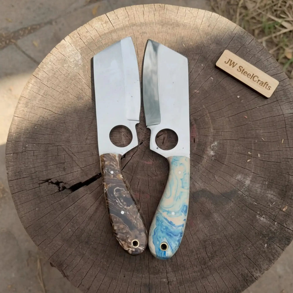 Mini Cleaver Knife Western Style Utility Cleaver Thumb Hole Resin Handle Fixed Blade