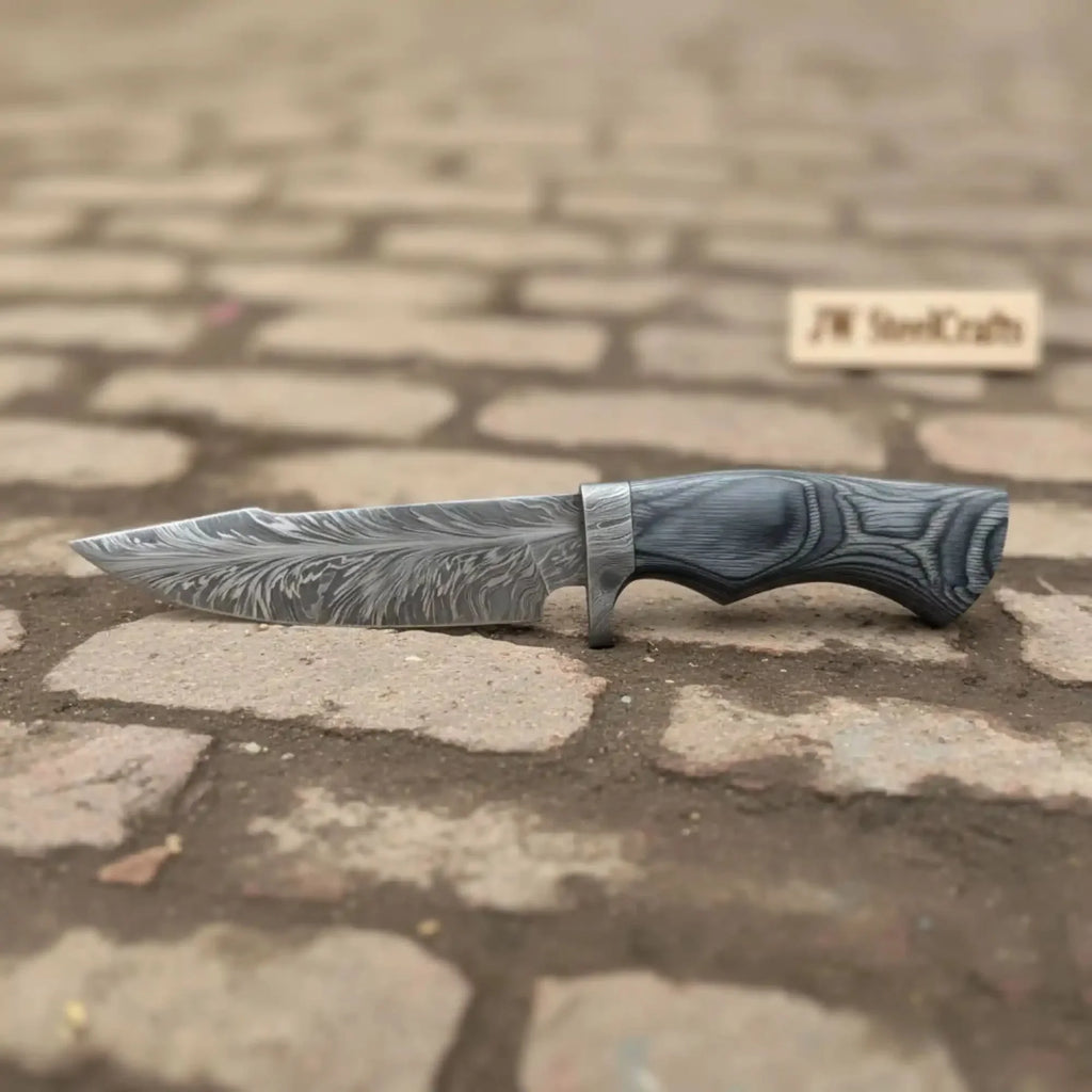 Bobcat Style Drop Point Hunting Knife Feather Damascus Blade Gray Pakka Wood Handle EDC Fixed Blade