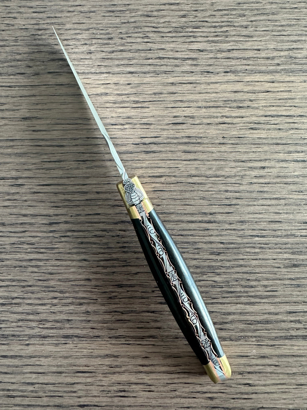 Laguiole en Aubrac Le Bijou Luxury Multipurpose Knife, 4.8-in (12cm), Ebony Wood Handle, With  Brass Bolsters, And Two Copper Plates