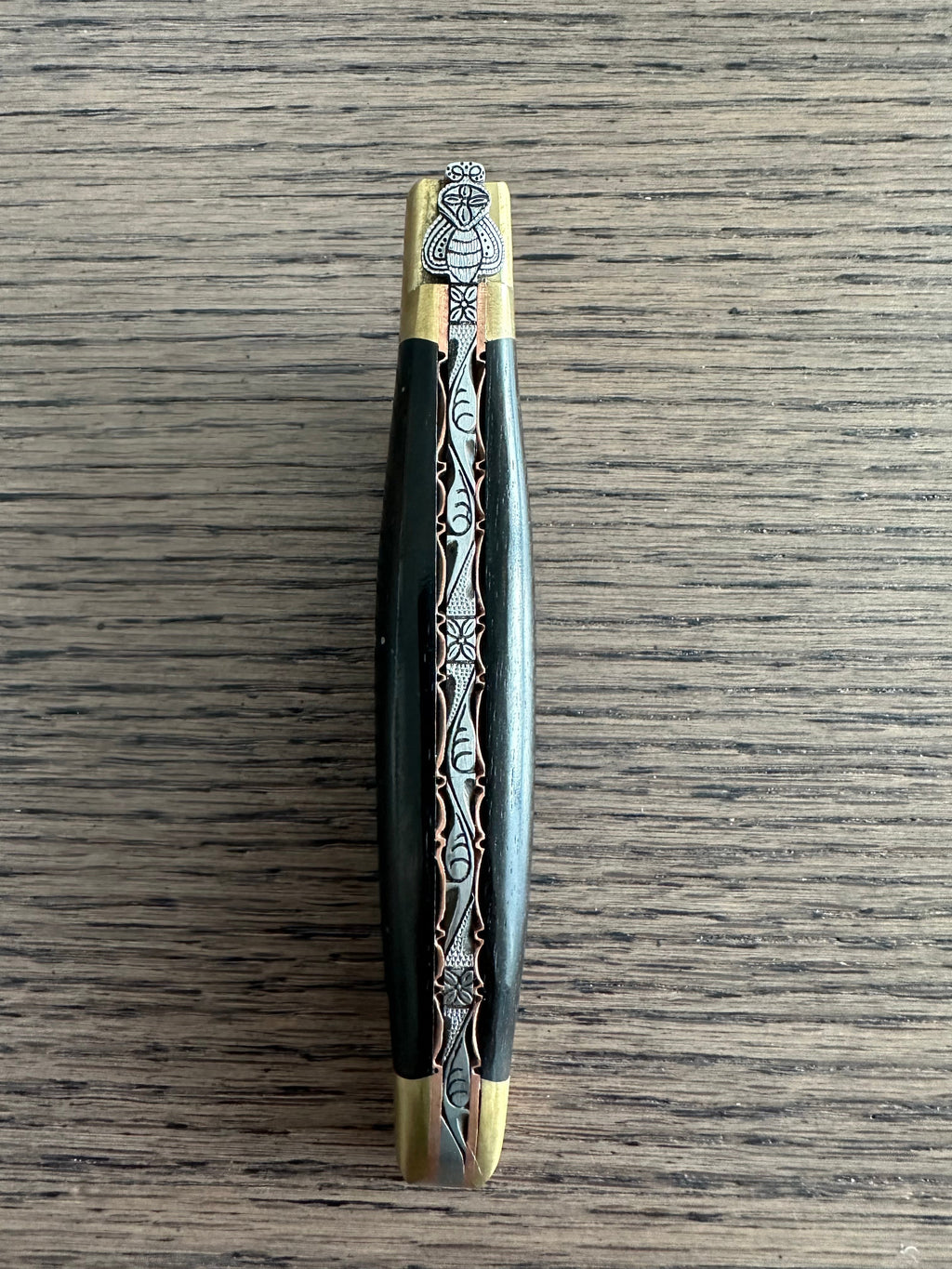 Laguiole en Aubrac Le Bijou Luxury Multipurpose Knife, 4.8-in (12cm), Ebony Wood Handle, With  Brass Bolsters, And Two Copper Plates