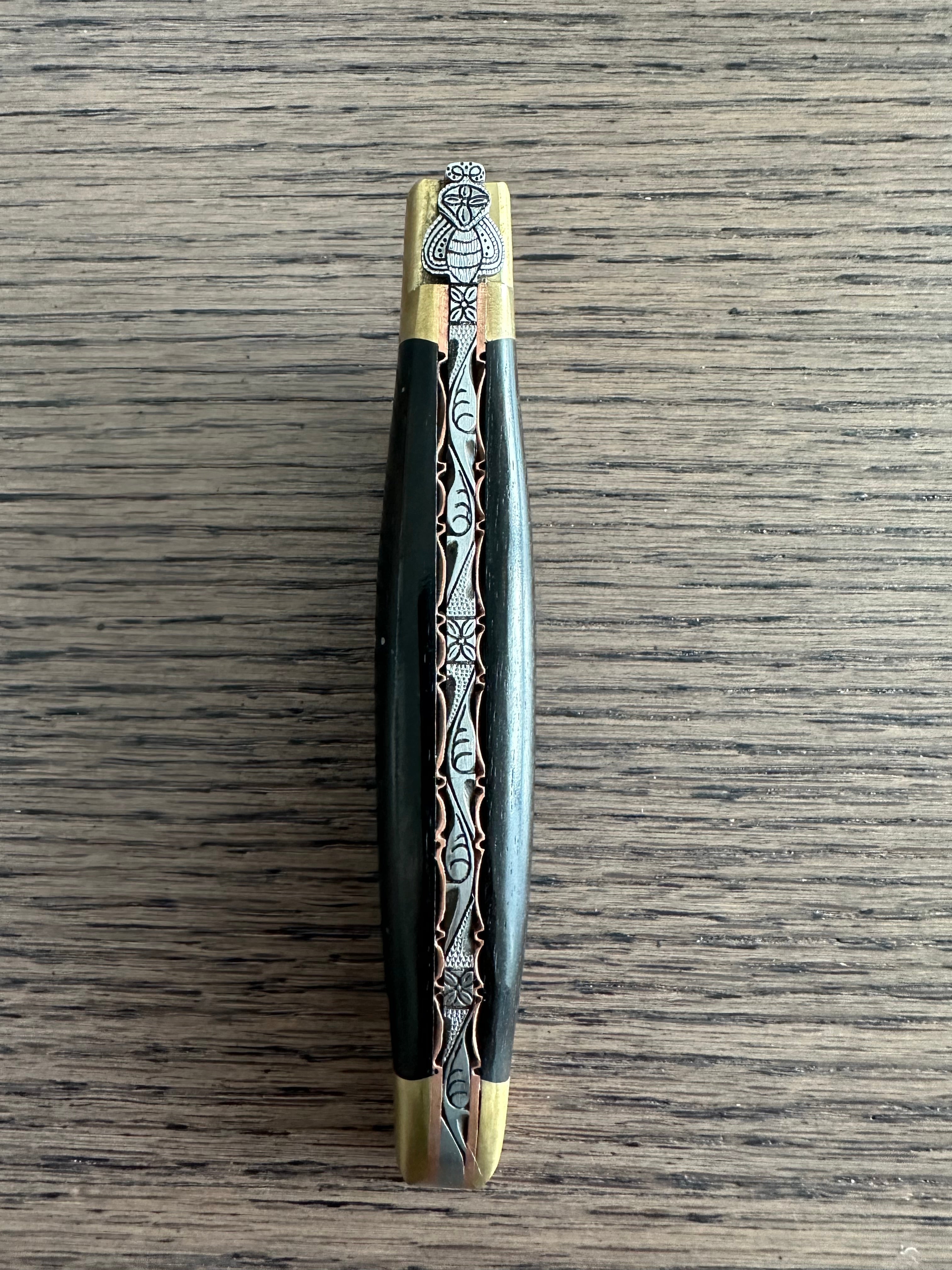 Laguiole en Aubrac Le Bijou Luxury Multipurpose Knife, 4.8-in (12cm), Ebony Wood Handle, With  Brass Bolsters, And Two Copper Plates