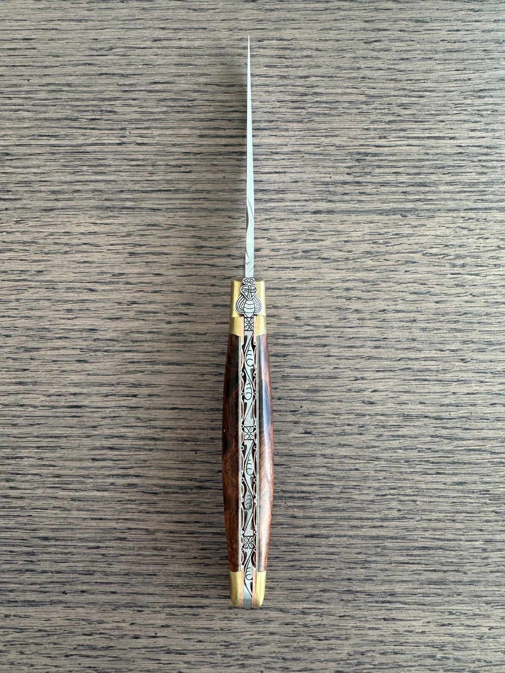 Laguiole en Aubrac Le Bijou Luxury Multipurpose Knife, 4.8-in (12cm), Ironwood Burl Handle, With  Brass Bolsters, And Two Copper Plates