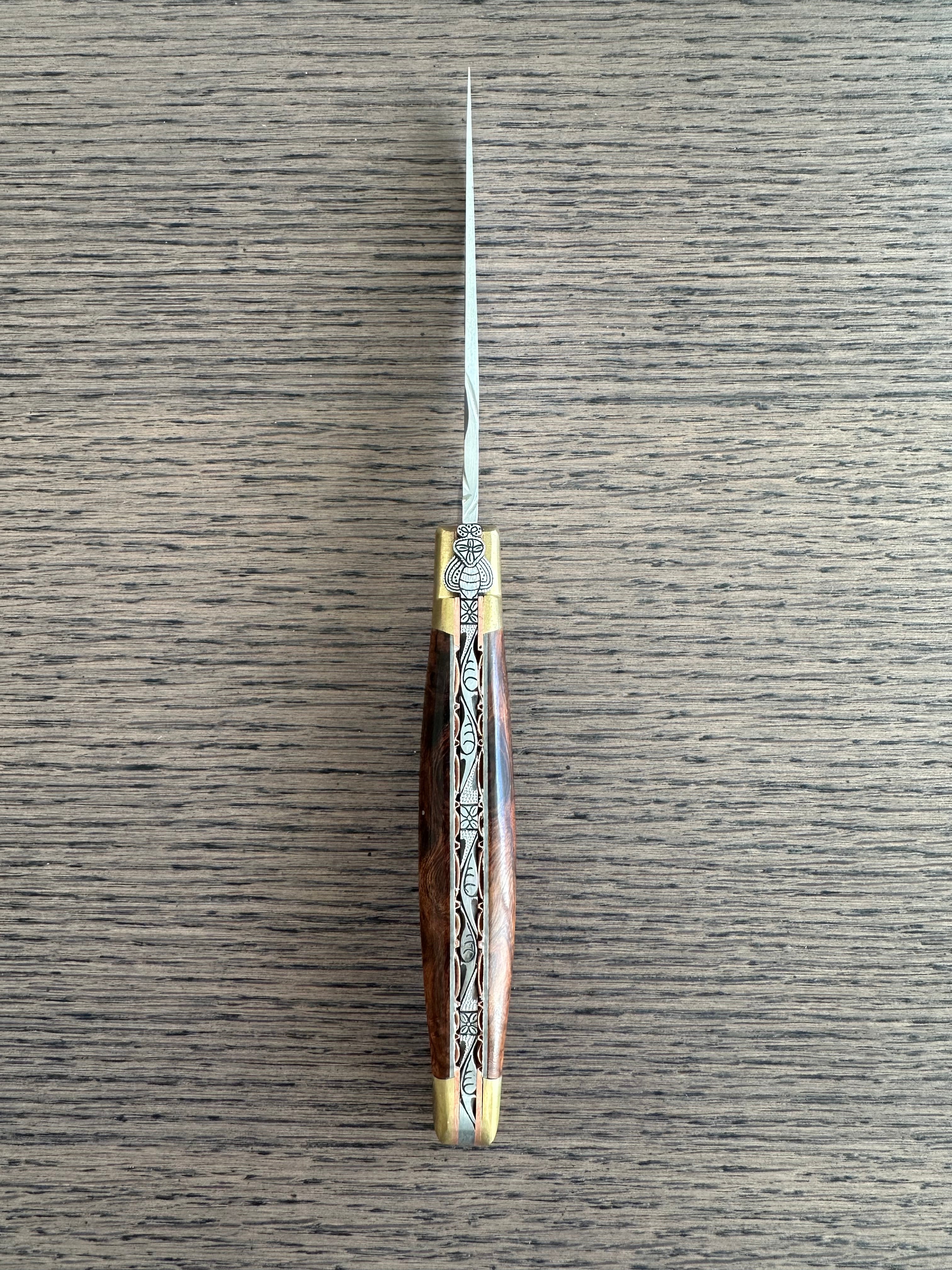 Laguiole en Aubrac Le Bijou Luxury Multipurpose Knife, 4.8-in (12cm), Ironwood Burl Handle, With  Brass Bolsters, And Two Copper Plates