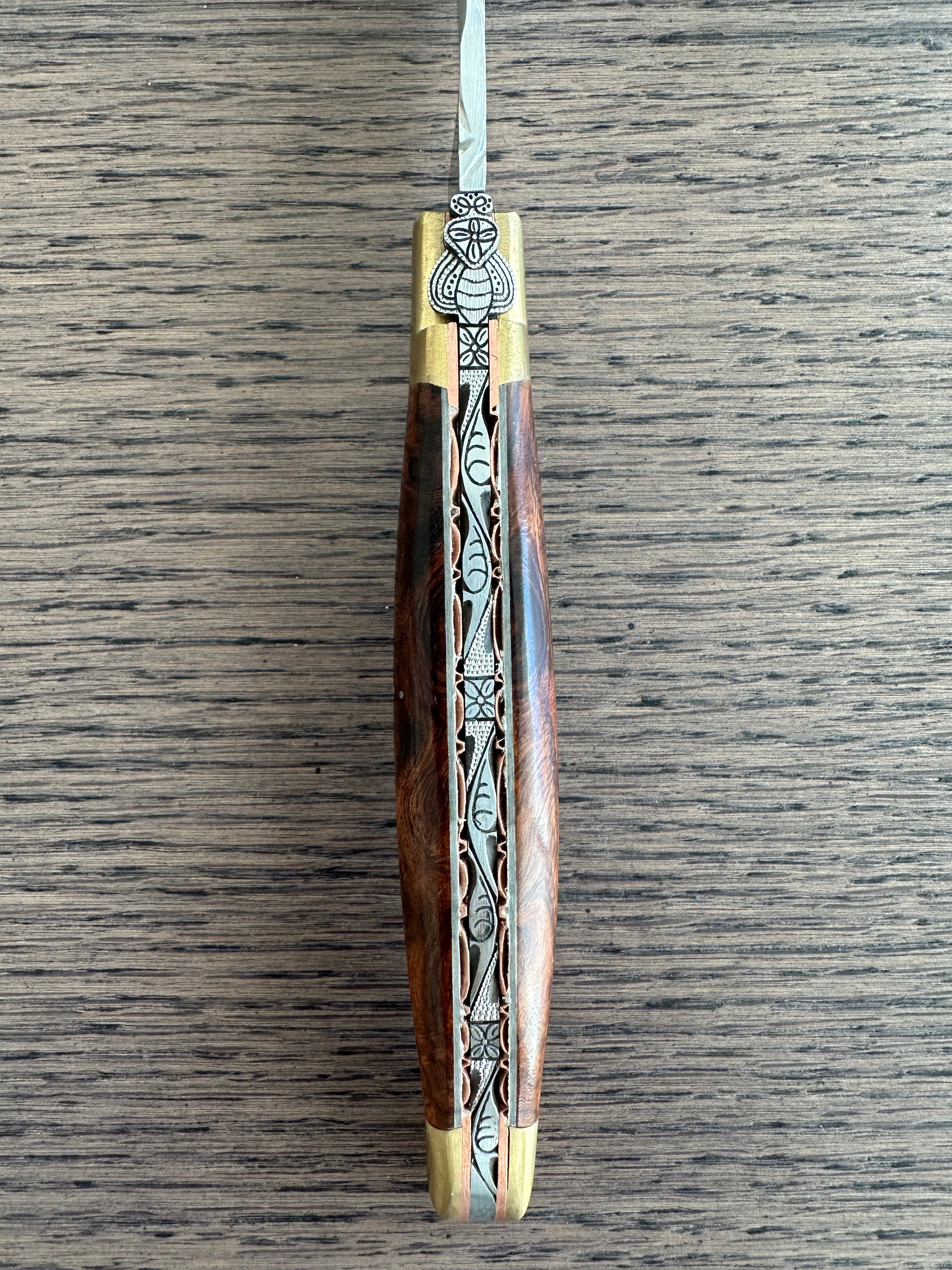 Laguiole en Aubrac Le Bijou Luxury Multipurpose Knife, 4.8-in (12cm), Ironwood Burl Handle, With  Brass Bolsters, And Two Copper Plates