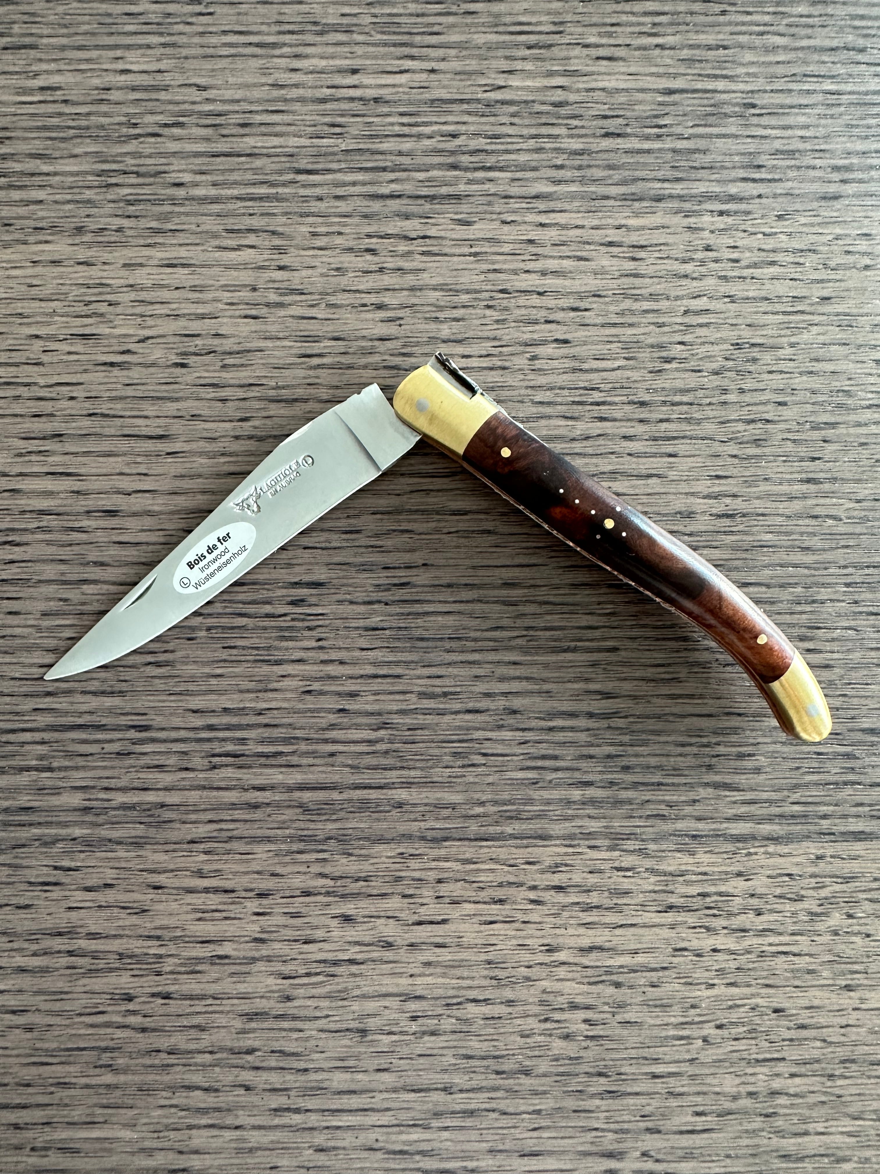 Laguiole en Aubrac Le Bijou Luxury Multipurpose Knife, 4.8-in (12cm), Ironwood Burl Handle, With  Brass Bolsters, And Two Copper Plates