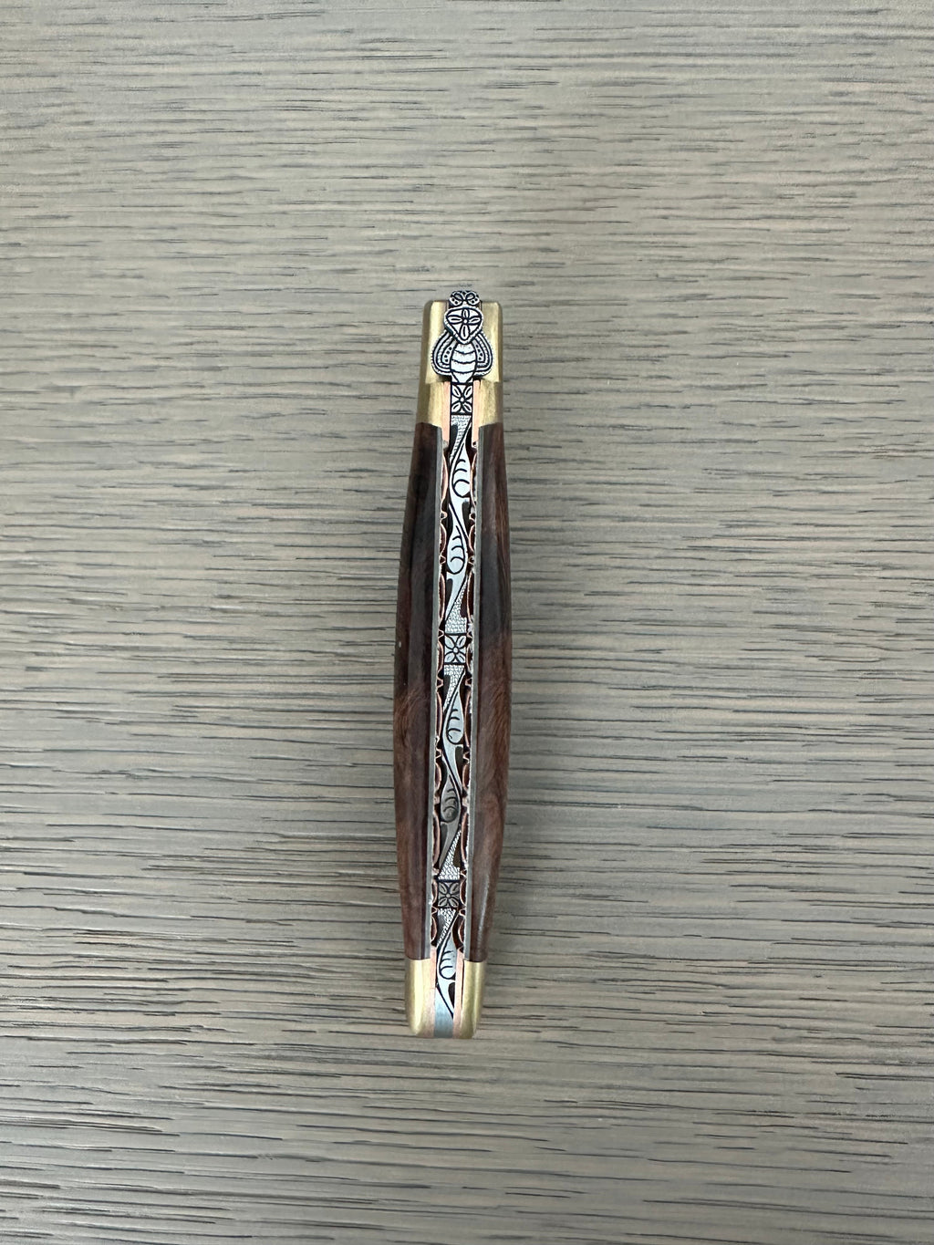 Laguiole en Aubrac Le Bijou Luxury Multipurpose Knife, 4.8-in (12cm), Ironwood Burl Handle, With  Brass Bolsters, And Two Copper Plates