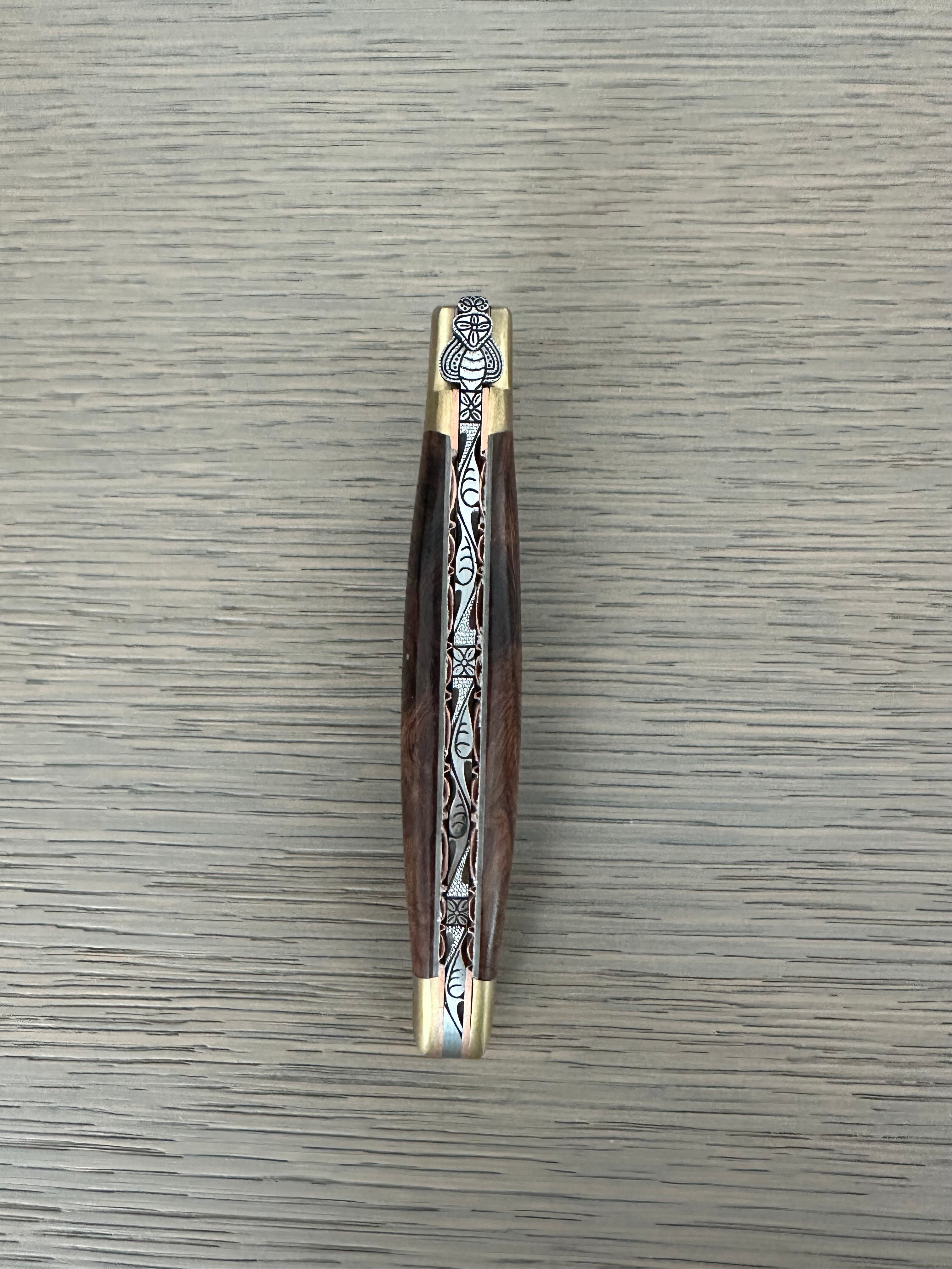 Laguiole en Aubrac Le Bijou Luxury Multipurpose Knife, 4.8-in (12cm), Ironwood Burl Handle, With  Brass Bolsters, And Two Copper Plates