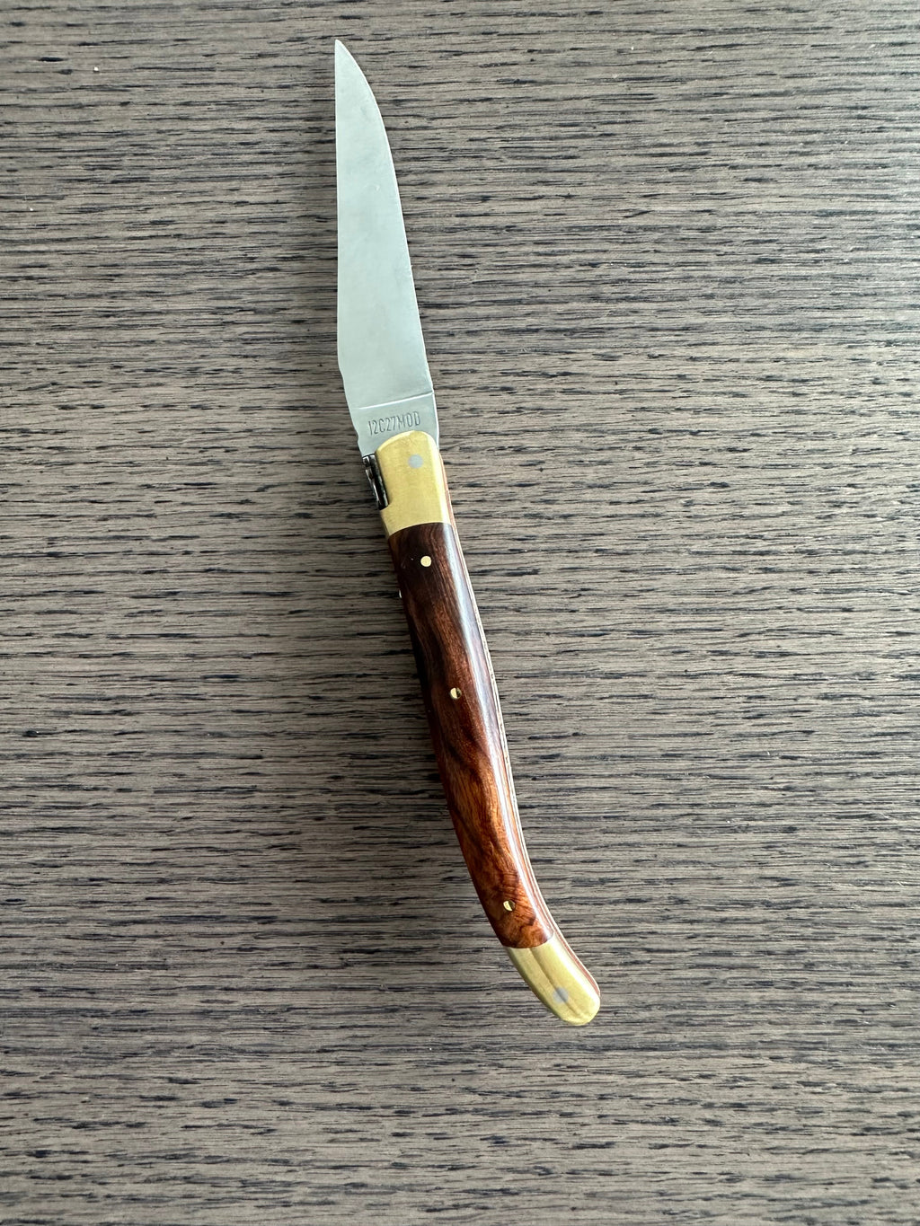 Laguiole en Aubrac Le Bijou Luxury Multipurpose Knife, 4.8-in (12cm), Ironwood Burl Handle, With  Brass Bolsters, And Two Copper Plates