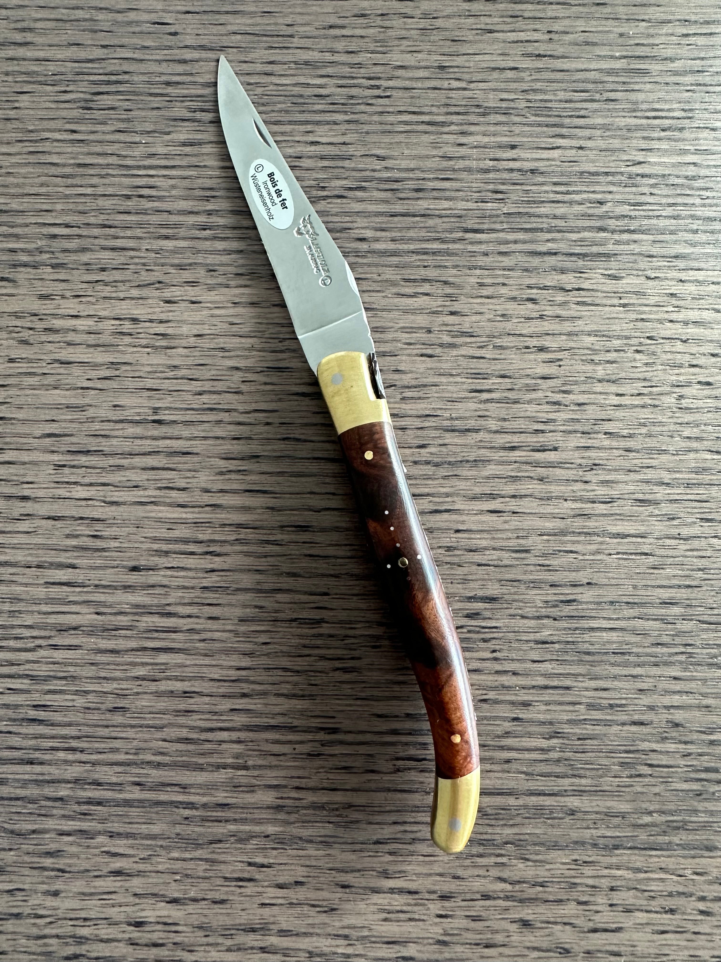 Laguiole en Aubrac Le Bijou Luxury Multipurpose Knife, 4.8-in (12cm), Ironwood Burl Handle, With  Brass Bolsters, And Two Copper Plates