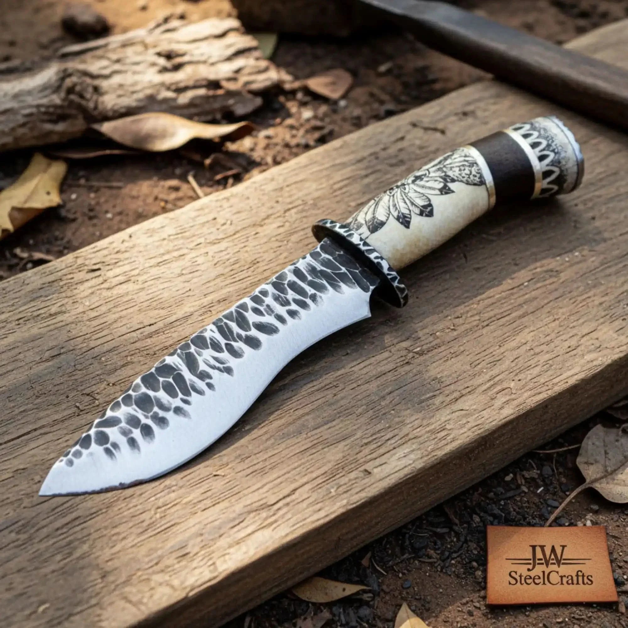 Handmade High Carbon Steel Drop Point Hunting Knife with Scrimshaw Handle