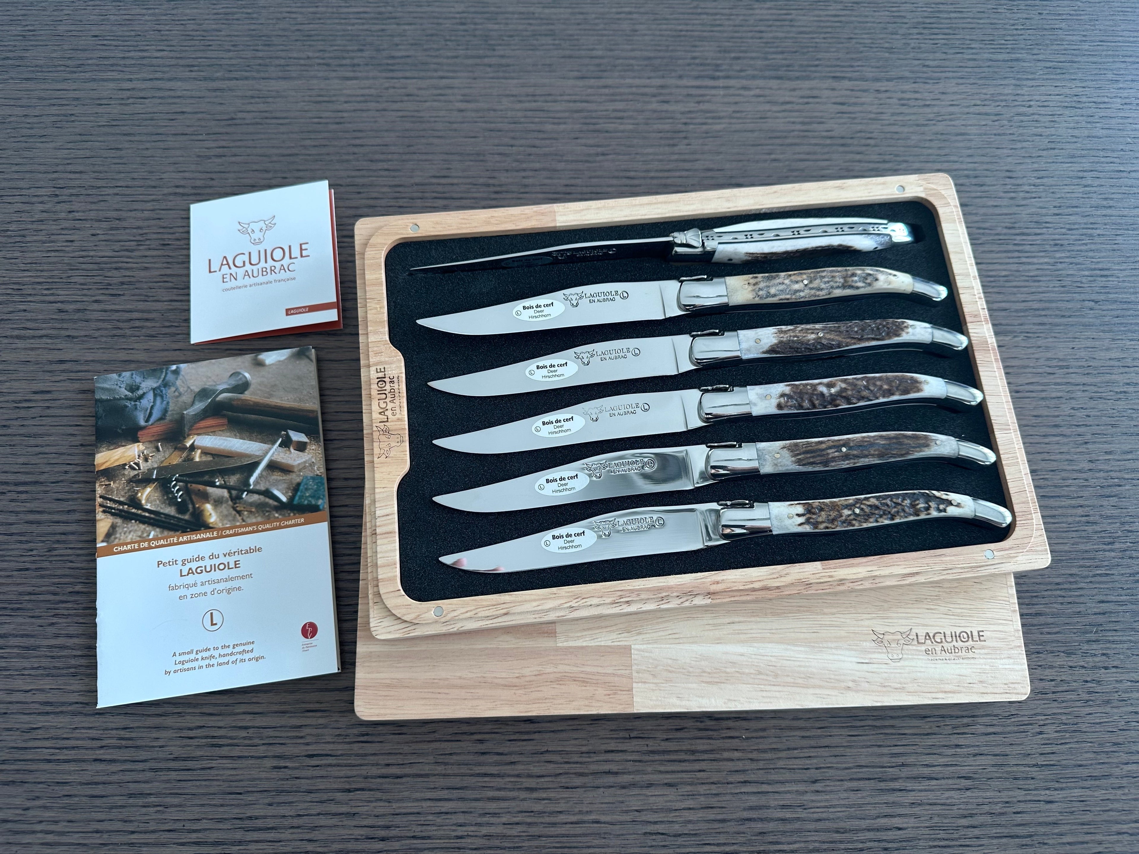 Laguiole en Aubrac Handcrafted 6-Piece Steak Knife Set with Deer Antler Handles