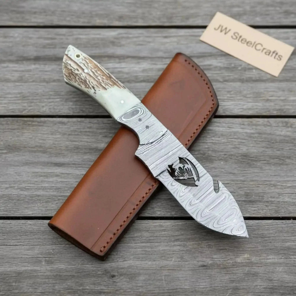Damascus Gut Hook Hunting Knife Fixed Blade Synthetic Stag Handle with Leather Sheath
