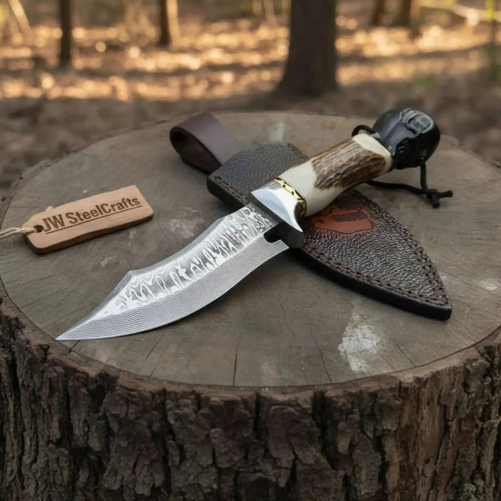 Premium Hunting Knife Damascus Steel 5” Fixed Blade Custom Handle Outdoor Knife with Sheath