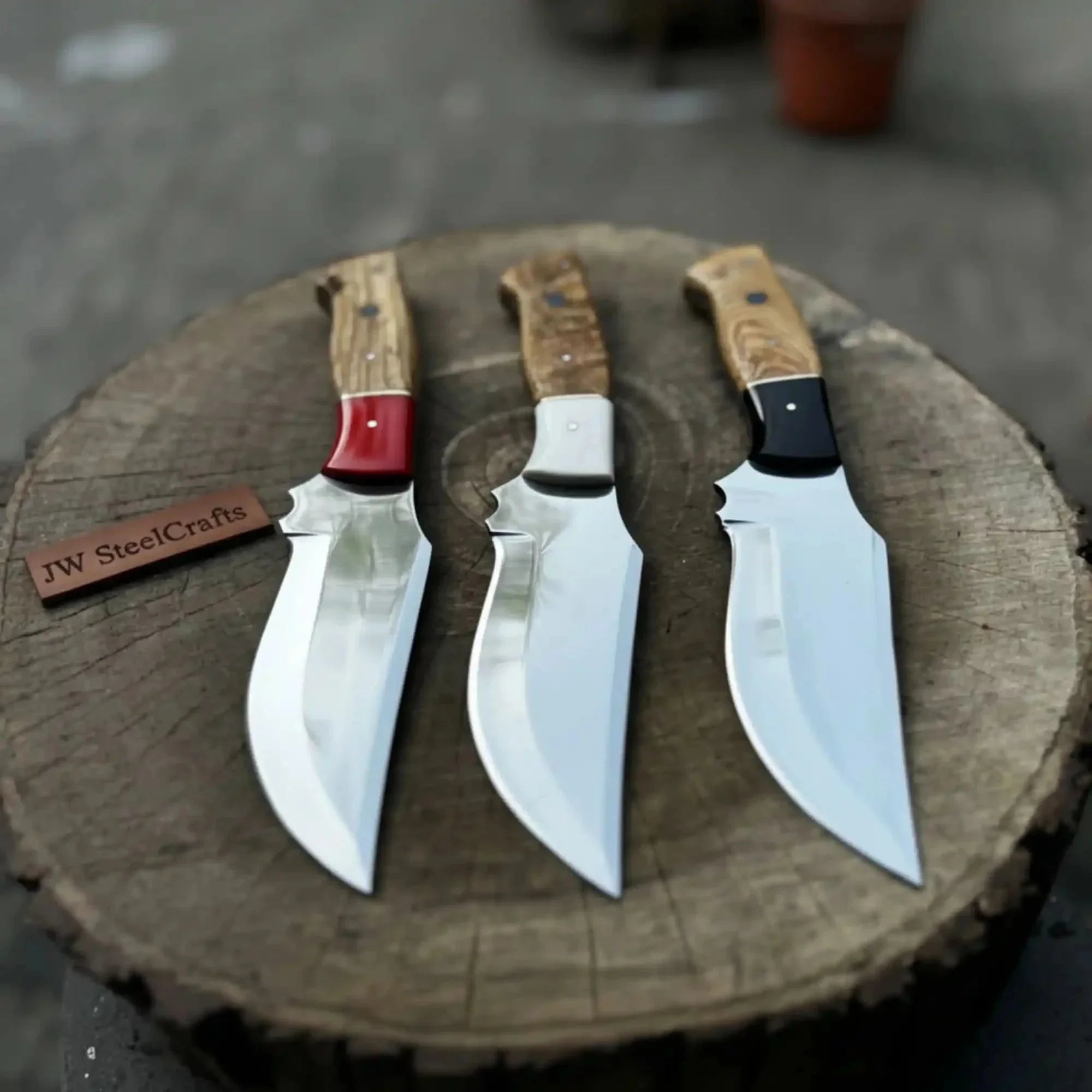 Handmade Recurve Hunting Knife Set of 3-Piece Damascus Blades with Resin & Wood Handles
