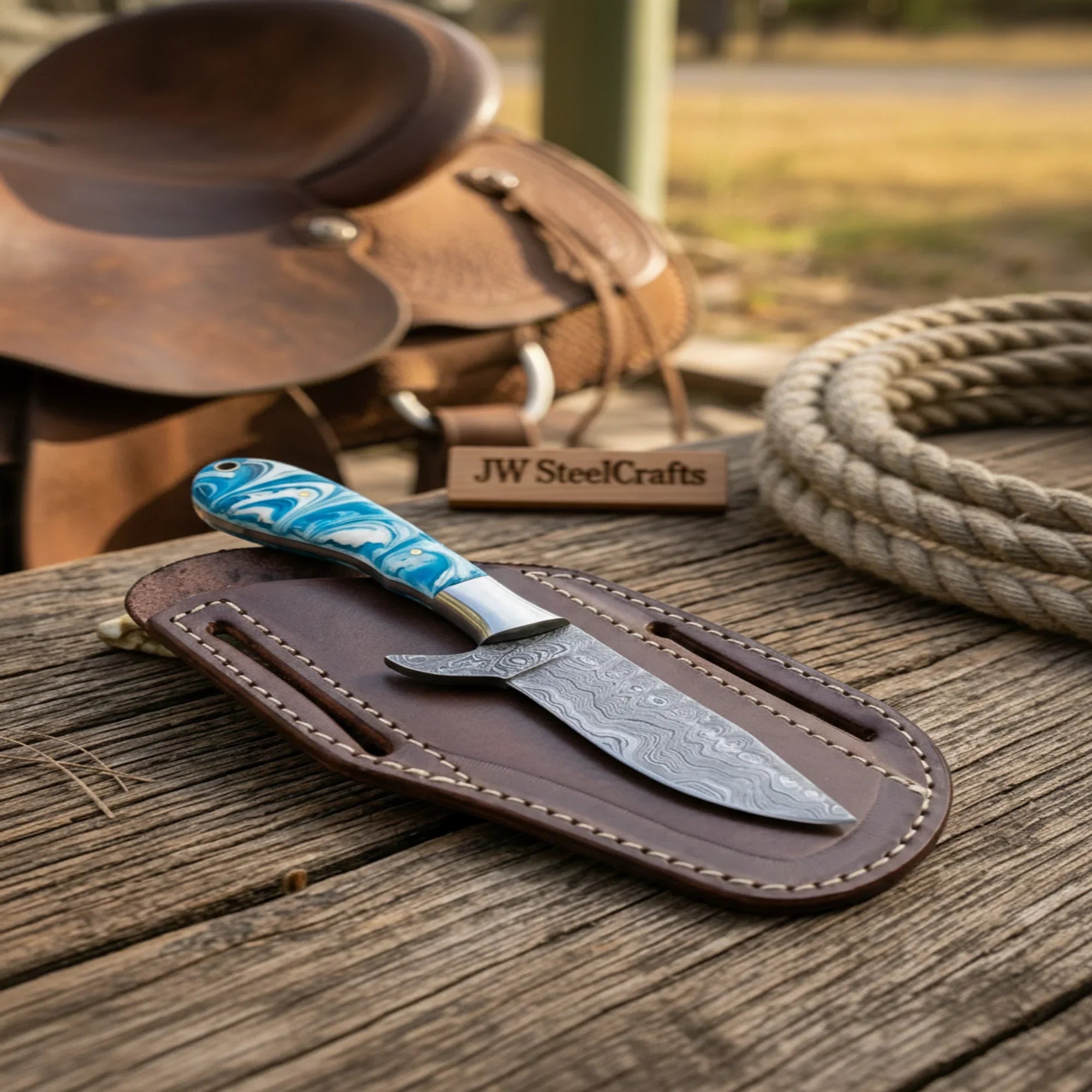 Sub-Hilt Crossdraw Tracker with Blue Swirl Resin Handle