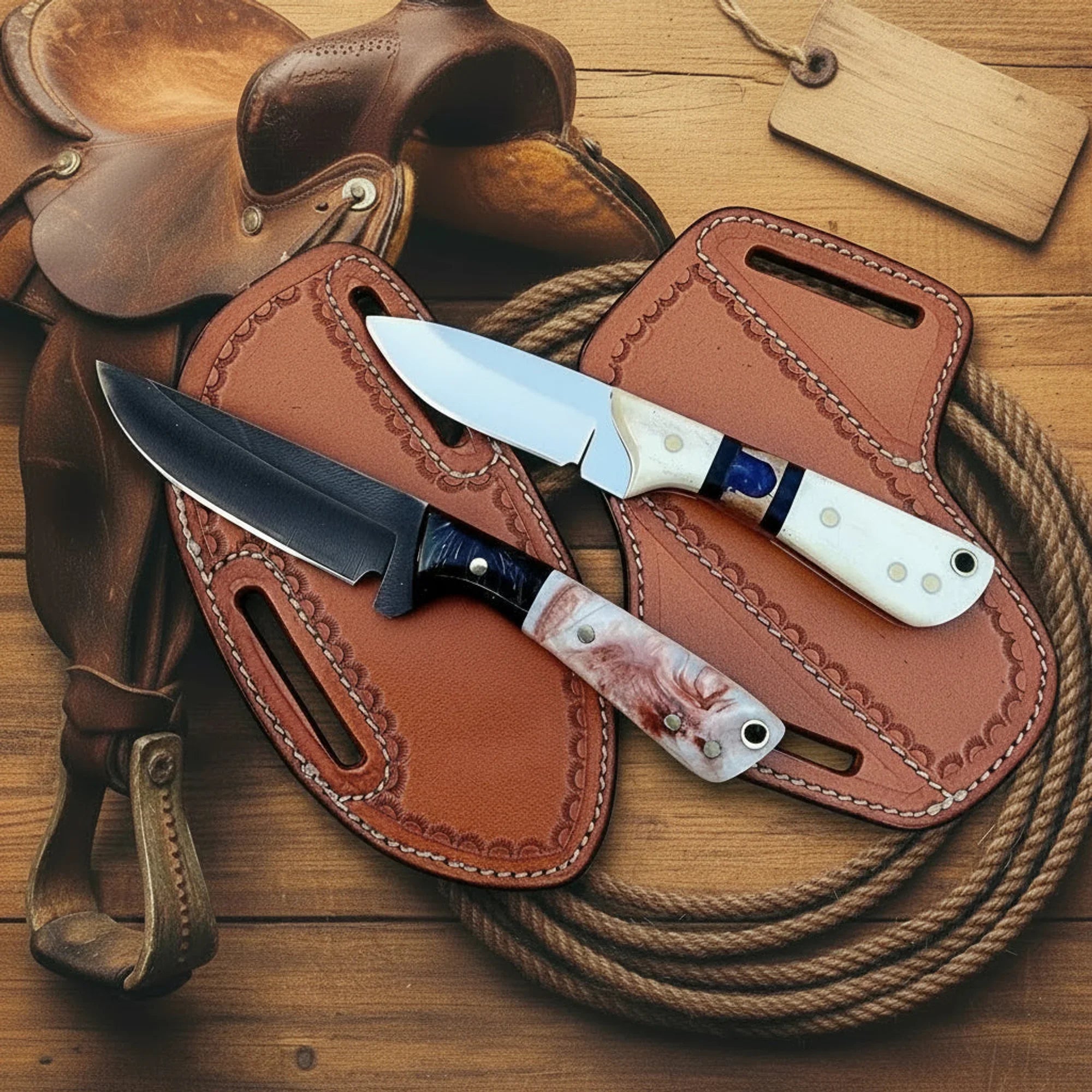 Ivory Trail Skinner Set  of 2 Polished Acid Washed Blade Multi Resin Handle Full Tang
