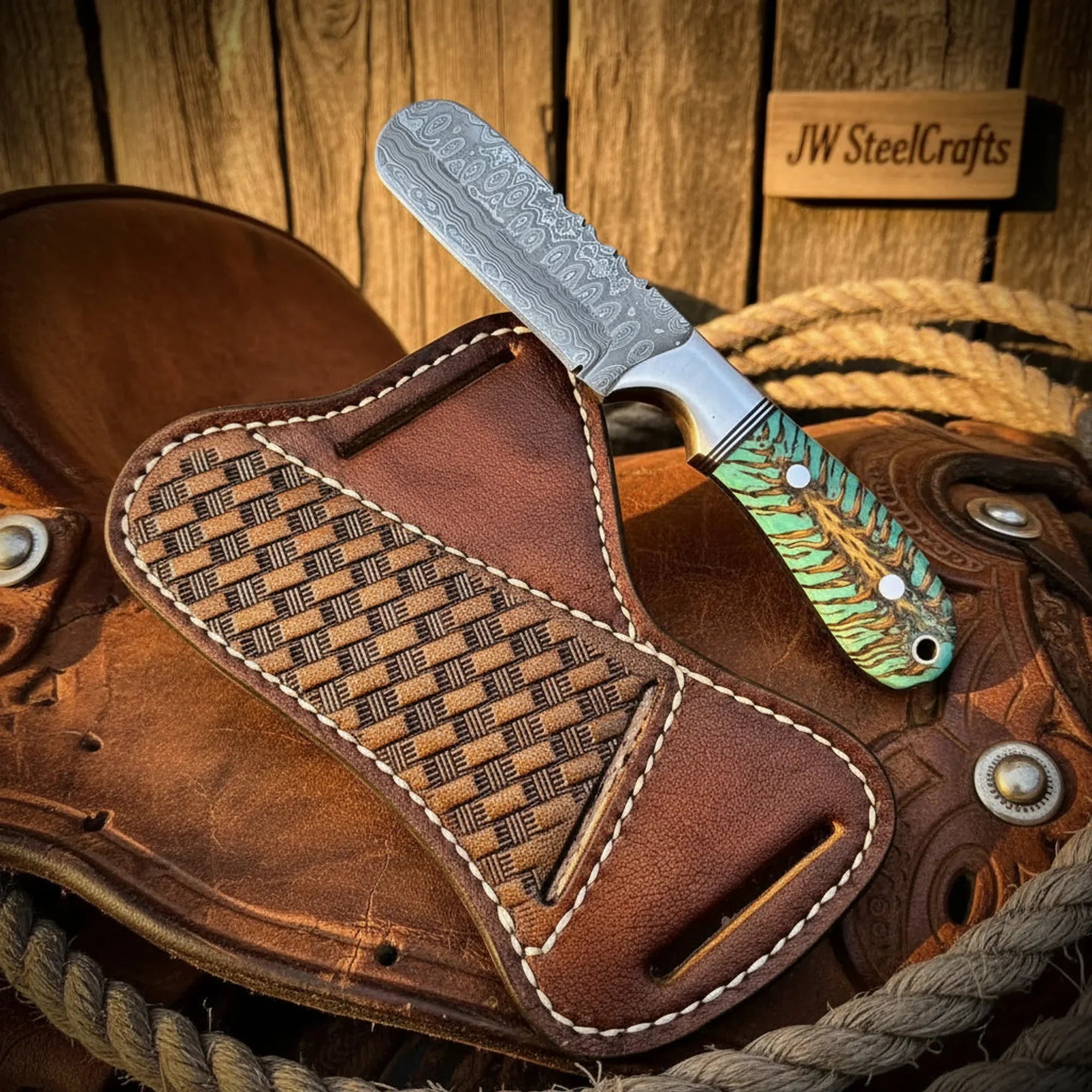 Prairie Fire Bull Cutter Knife 7" Green Pinecone Handle Steel Bolster Full Tang Cross Draw