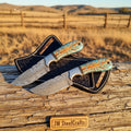 Wildfeather Ranch Knives Set of 2 Pinecone Handle Steel Bolster Full Tang Cross Draw Sheath 7"