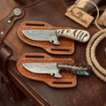 2 Piece Damascus Tracker Knife Set with Ram Horn and Pinecone Resin Handles