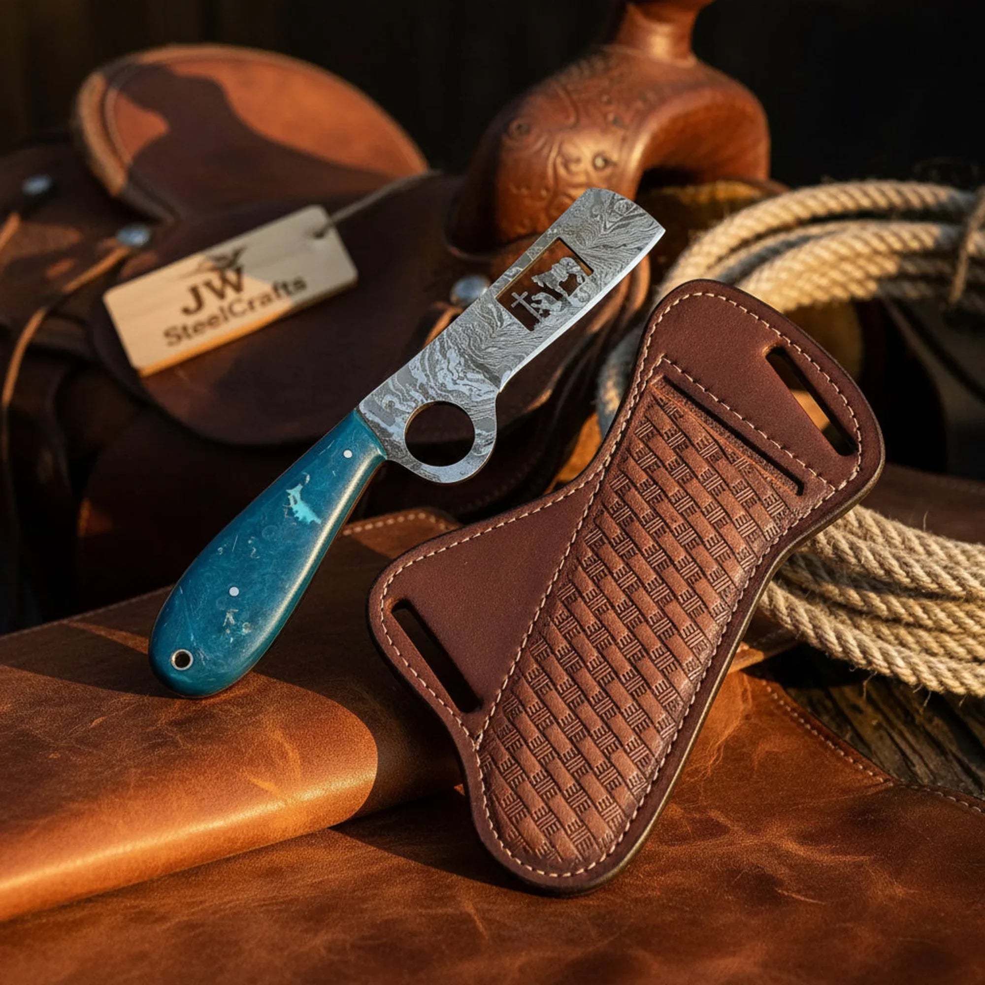 Finger Loop Cowboy Knife 7" Handmade Damascus Fixed Blade