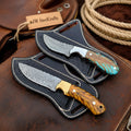 Damascus Steel Hunting Knife Set of 2, Pinecone Wood Handle, Fixed Blade, Gift for Him