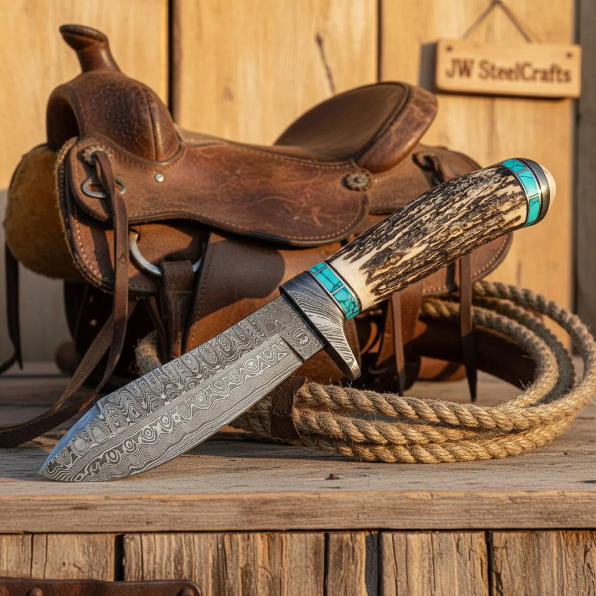 Persian Yuma Deer Antler Knife with Stag Horn and Turquoise Handle