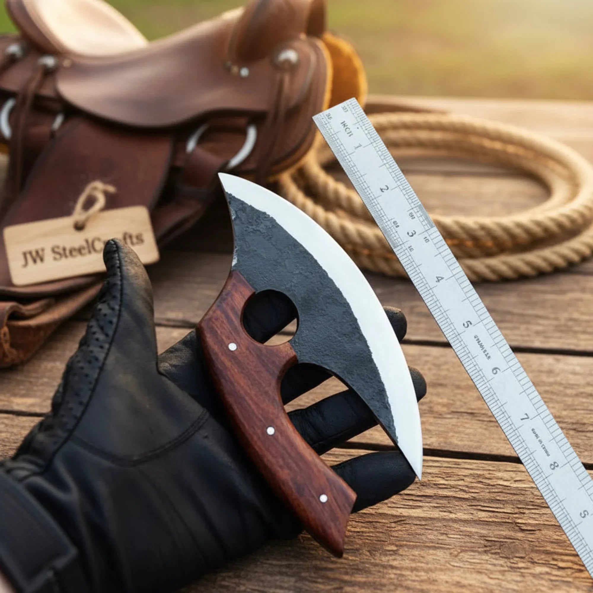 Custom Handmade Western Bull Cutter Knife Bull Cutter & Ulu Ram Horn Handle Cross Pouch