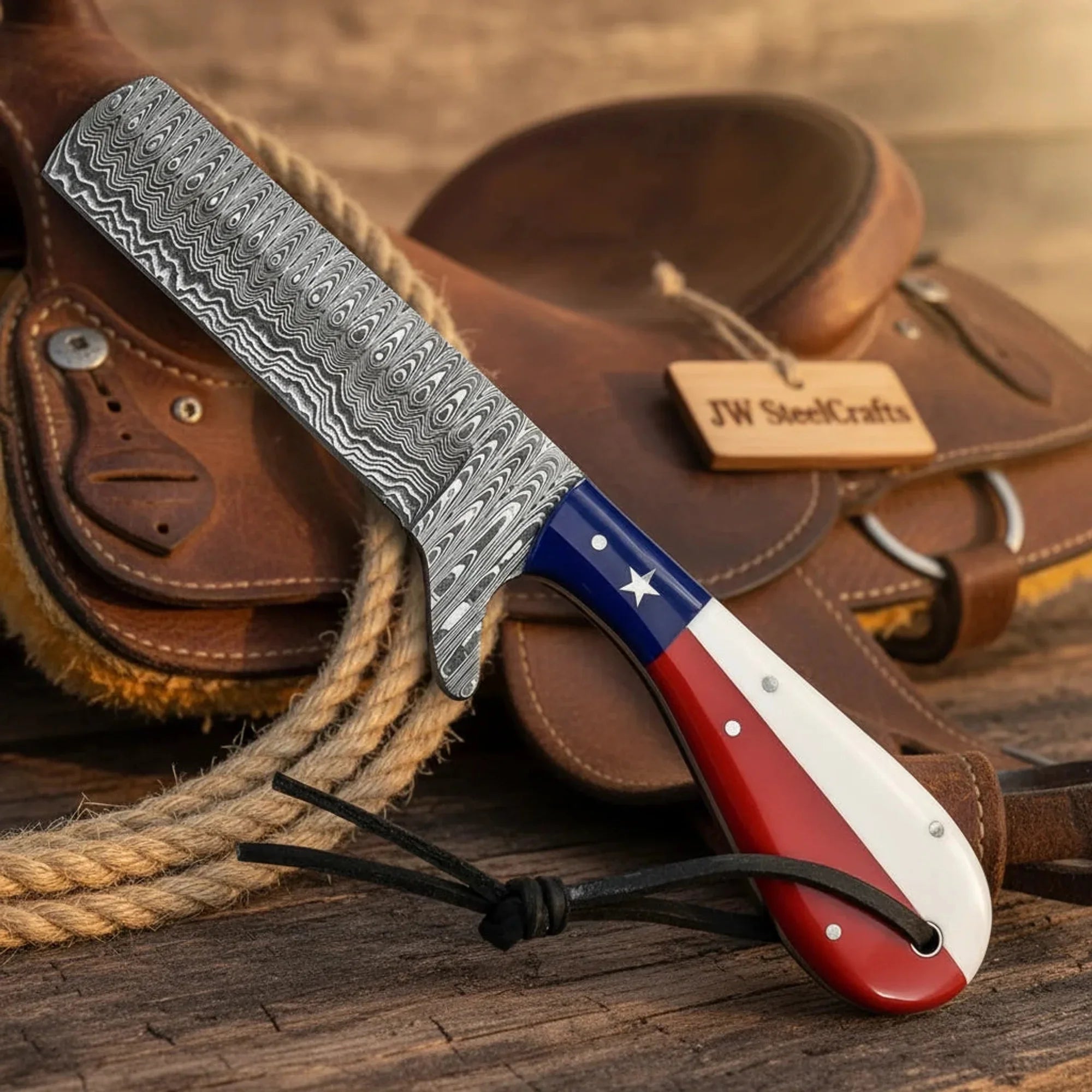 Texas Flag Damascus Bull Cutter Knife with Ladder Pattern Blade