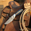 Damascus Skinner Knife with Blue Pinecone Handle, 7" Fixed Blade