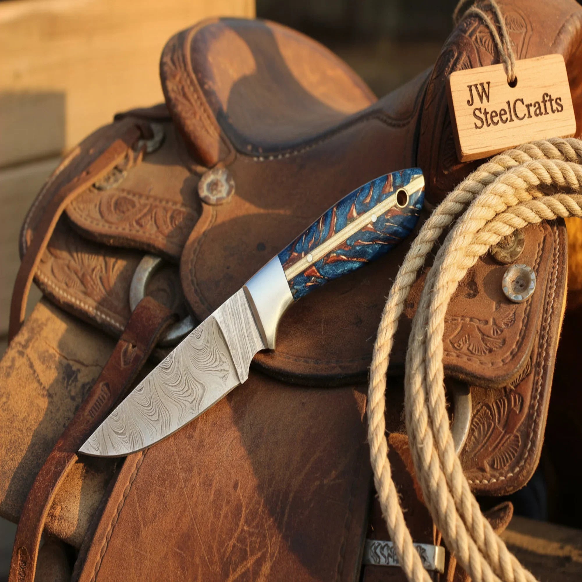 Damascus Skinner Knife with Blue Pinecone Handle, 7" Fixed Blade