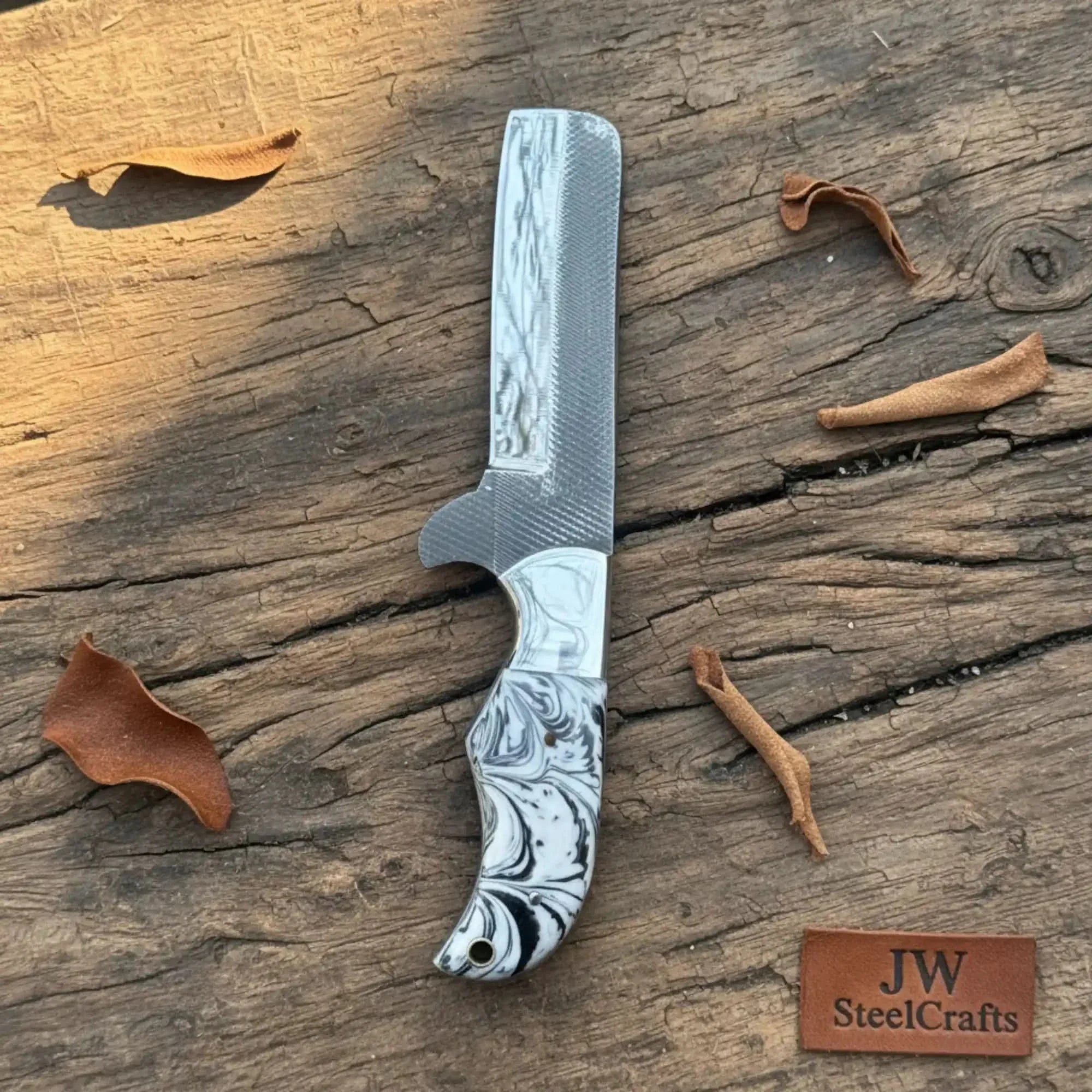 Rasp Steel Bull Cutter Knife 7" White and Black Marble Resin Handle