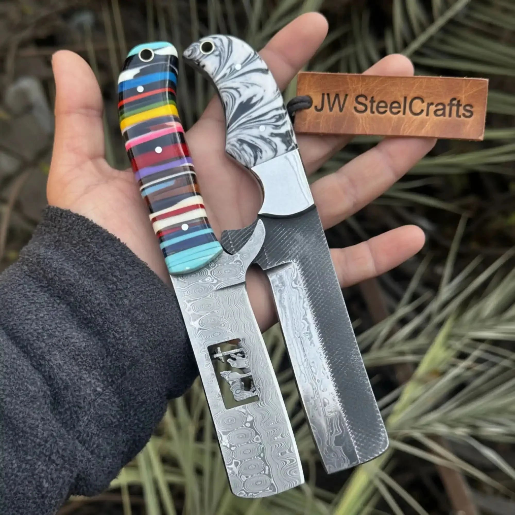 2-Piece Fixed Blade Knives Rasp Steel Cleaver Rainbow Resin Handle