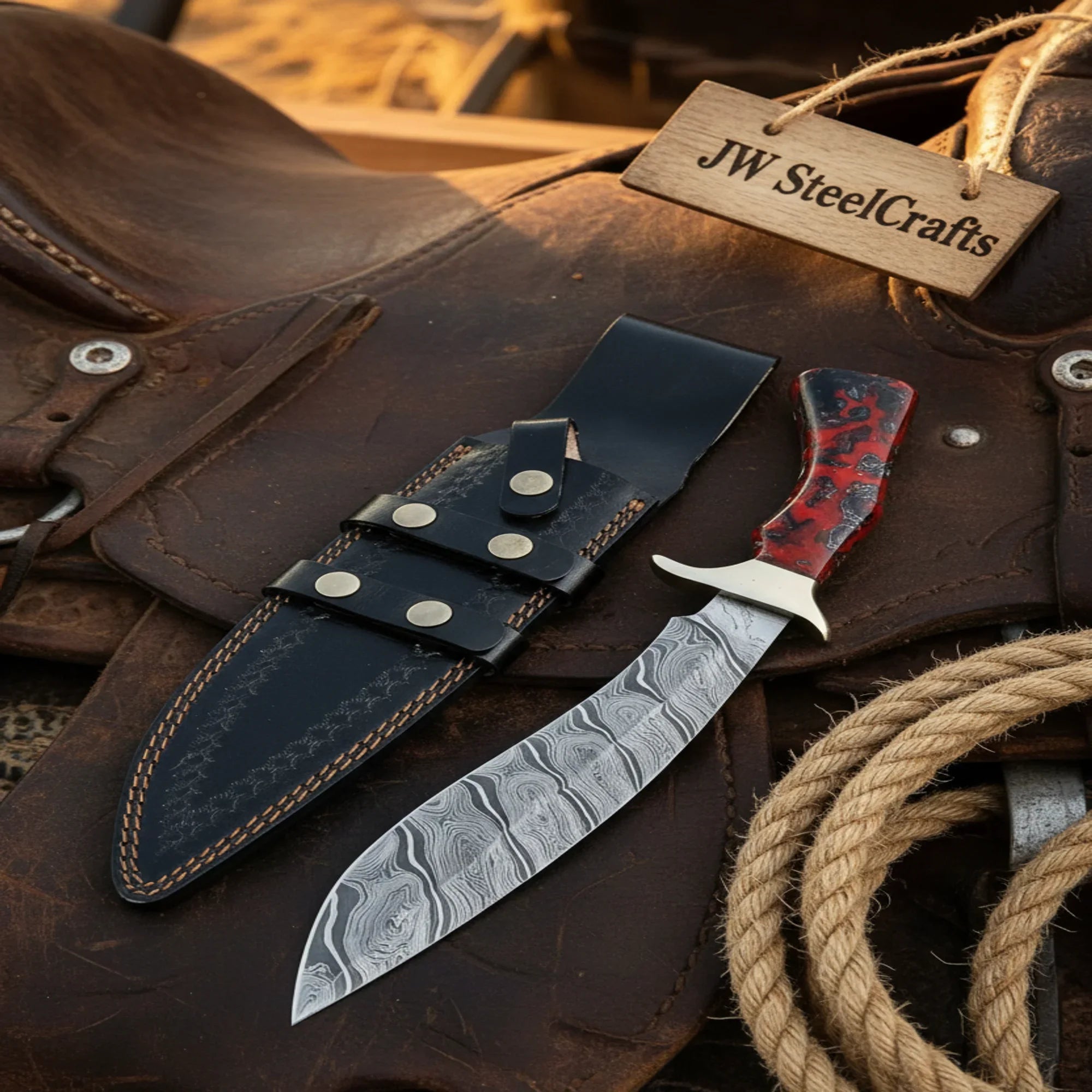 Red Swirl Resin Damascus Kukri Knife – Recurve Blade  Black and Red Resin Handle