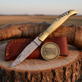 Laguiole Style Damascus Folding Knife with Brass Bolster and Corkscrew Tool