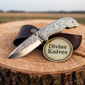 Hand Engraved Folding Knife with Carbon Steel Blade and Silver Handle