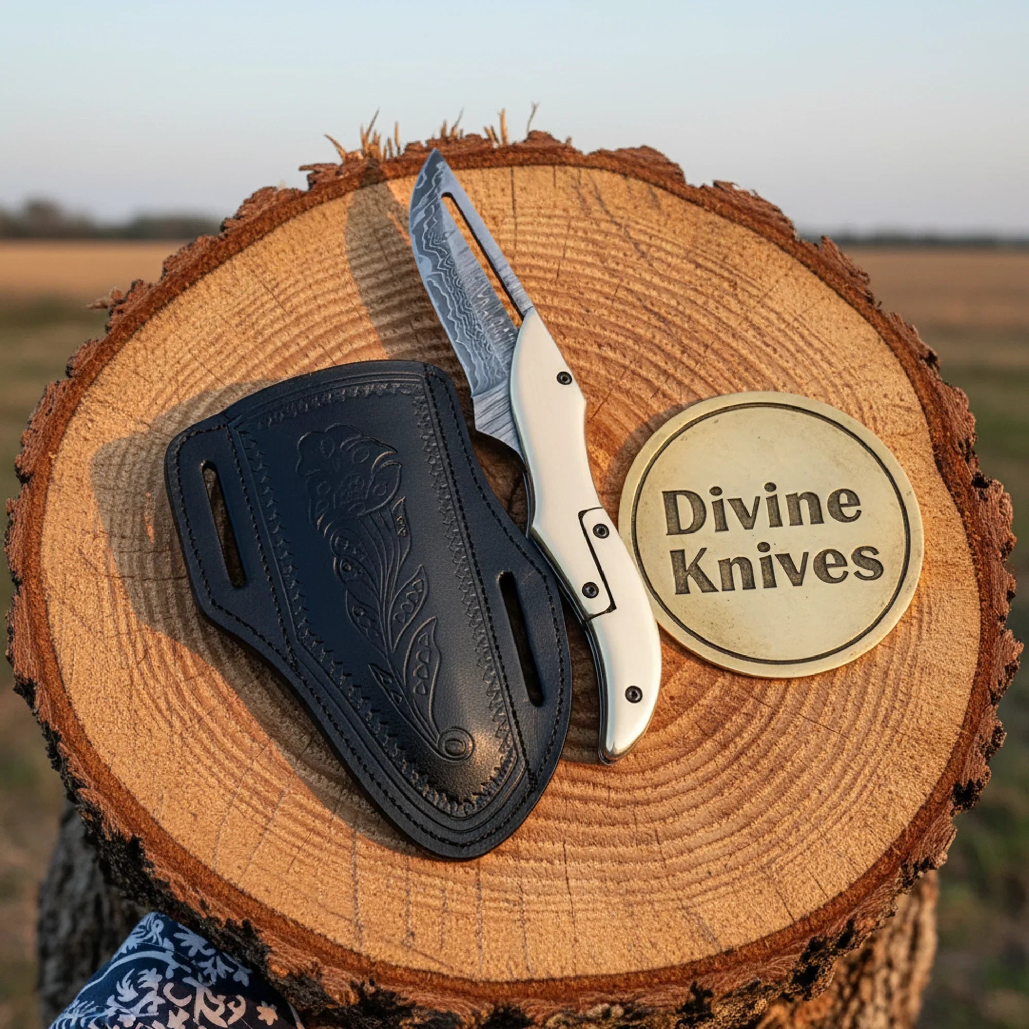 Engraved Steel Handle Damascus Folding Knife with Black Sheath