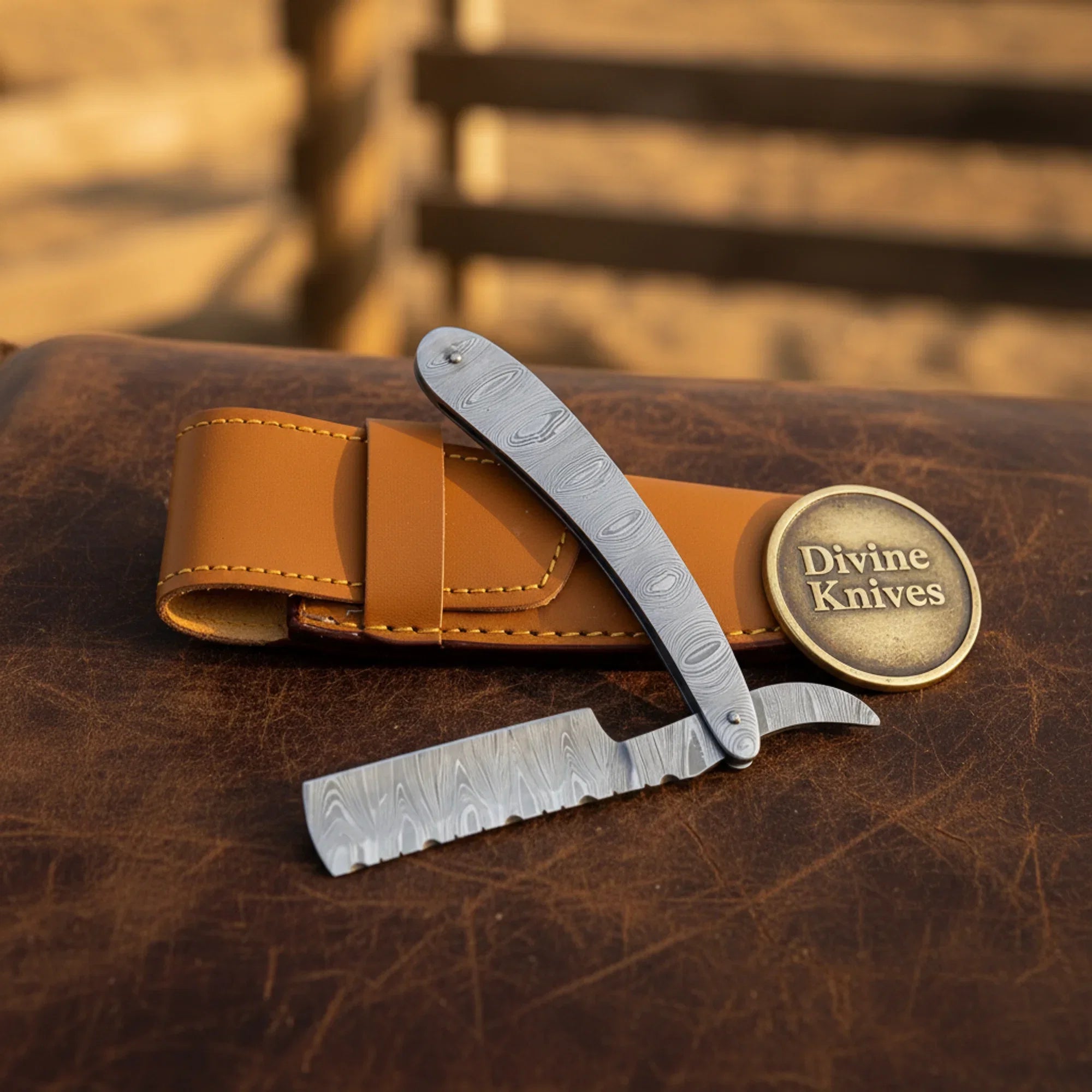 All Steel Damascus Straight Razor with Sheath – Handcrafted Cut-Throat Razor with 4-Inch Blade