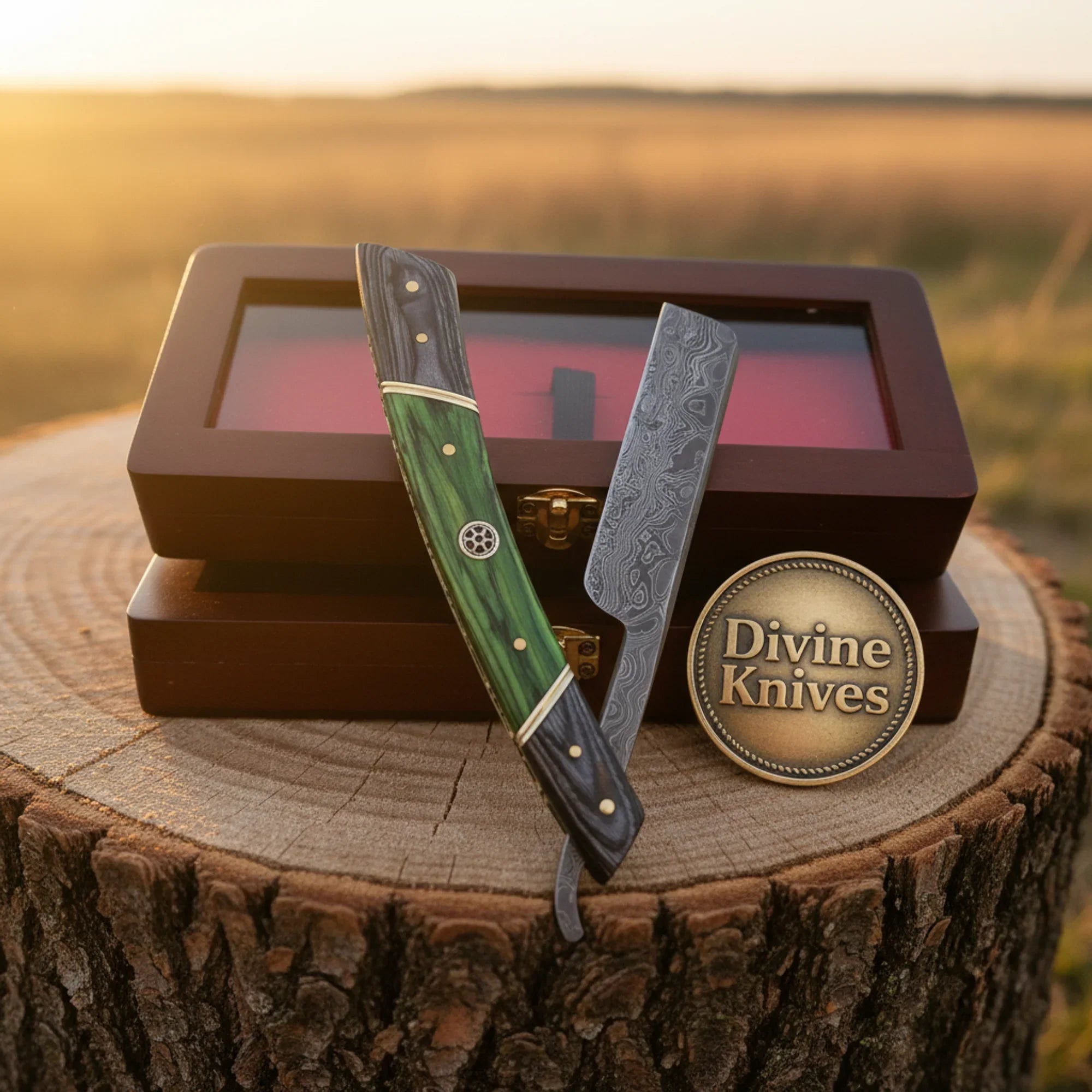 Green & Black Pakkawood Damascus Straight Razor – Handcrafted Cut-Throat Razor with Display Box