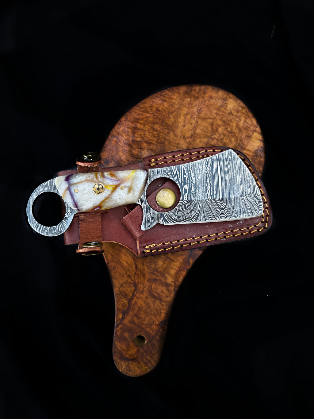Mini Cleaver Damascus EDC Knife with Finger Hole Handle