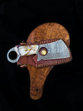 Mini Cleaver Damascus EDC Knife with Finger Hole Handle